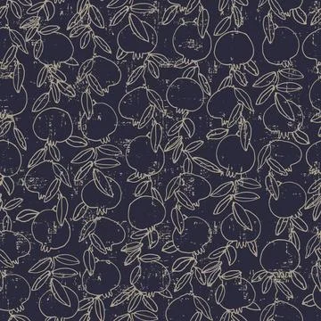 Seamless pattern. Pomegranate tree branches with fruit. Outlined vector ill.. Stock Illustration