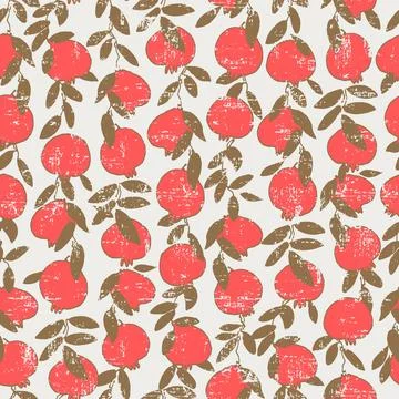 Seamless pattern. Pomegranate tree branches with fruit. Outlined vector illus Stock Illustration