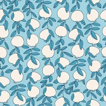 Seamless pattern. Pomegranate tree branches with fruit. Outlined vector illus Stock Illustration