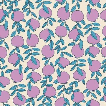 Seamless pattern. Pomegranate tree branches with fruit. Outlined vector illus Stock Illustration