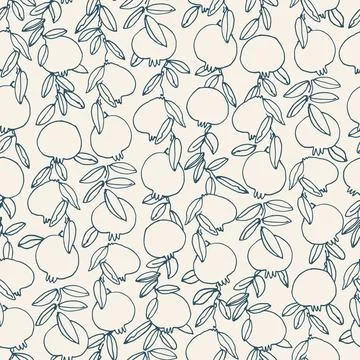 Seamless pattern. Pomegranate tree branches with fruit. Outlined vector illus Stock Illustration