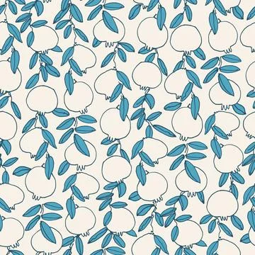 Seamless pattern. Pomegranate tree branches with fruit. Outlined vector illus Stock Illustration