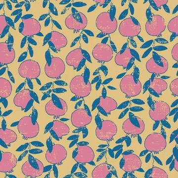 Seamless pattern. Pomegranate tree branches with fruit. Outlined vector illus Stock Illustration