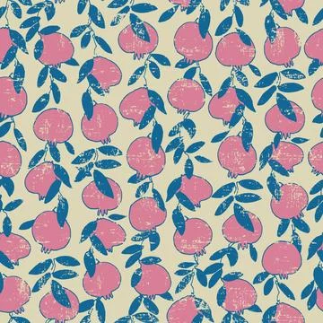 Seamless pattern. Pomegranate tree branches with fruit. Outlined vector ill.. Stock Illustration