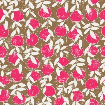 Seamless pattern. Pomegranate tree branches with fruit. Outlined vector illus Stock Illustration