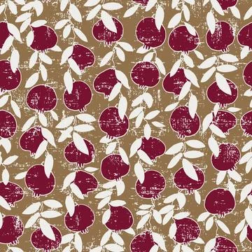 Seamless pattern. Pomegranate tree branches with fruit. Outlined vector illus Stock Illustration