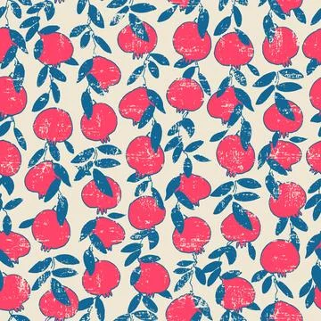 Seamless pattern. Pomegranate tree branches with fruit. Outlined vector illus Stock Illustration