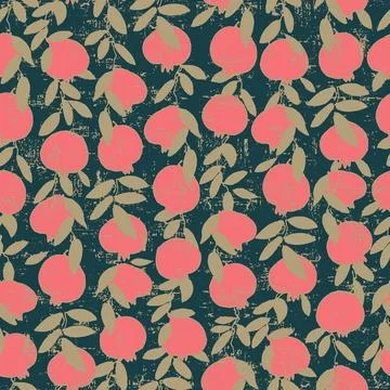 Seamless pattern. Pomegranate tree branches with fruit. Outlined vector illus Stock Illustration