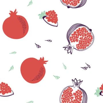 Seamless pattern of pomegranate. Whole, half. Vector hand drawn illustration  Stock Illustration