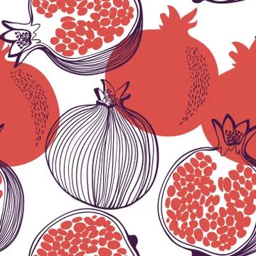 Seamless pattern of pomegranate. Whole, half. Vector hand drawn illustration set Stock Illustration