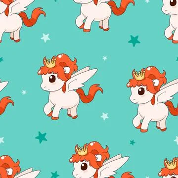 Seamless pattern with pony and crown. Vector tile Stock Illustration