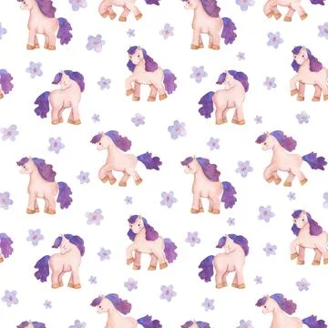 Seamless pattern with pony and simple flowers. Cute childrens drawing for Stock Illustration