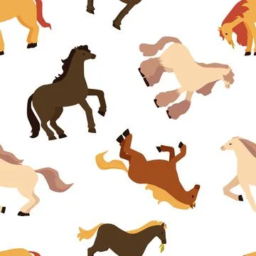 Seamless pattern with pony horses, flat vector illustration on white backdrop. Stock Illustration