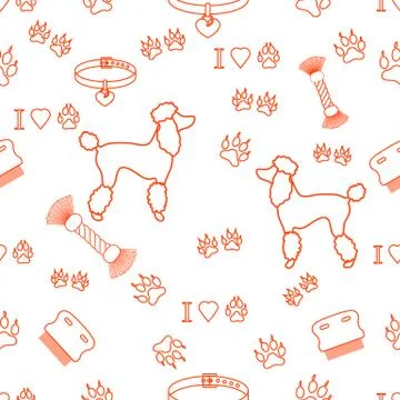 Seamless pattern with poodle silhouette, comb, collar, dog tracks, hearts and Stock Illustration