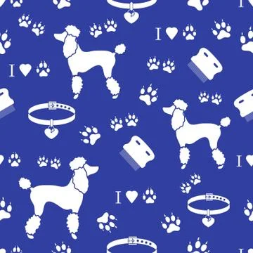 Seamless pattern with poodle silhouette, comb, collar, dog tracks and hearts. Stock Illustration