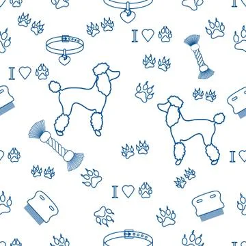 Seamless pattern with poodle silhouette, comb, collar, dog tracks, hearts and Stock Illustration