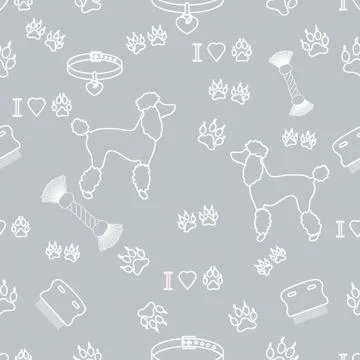 Seamless pattern with poodle silhouette, comb, collar, dog tracks, hearts and Stock Illustration