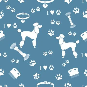 Seamless pattern with poodle silhouette, comb, collar, dog tracks, hearts and Stock Illustration
