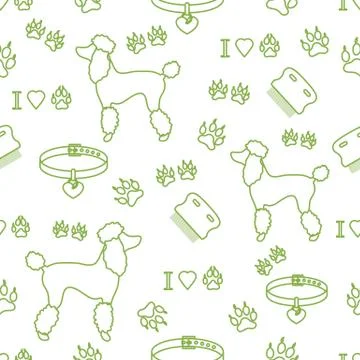 Seamless pattern with poodle silhouette, comb, collar, dog tracks and hearts. Stock Illustration