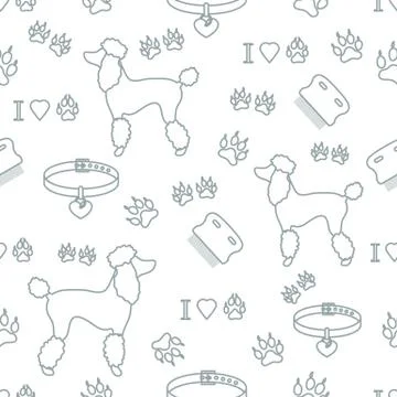 Seamless pattern with poodle silhouette, comb, collar, dog tracks and hearts. Stock Illustration