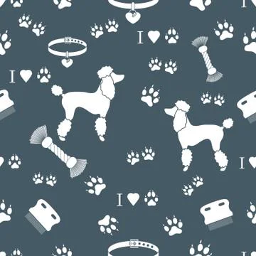 Seamless pattern with poodle silhouette, comb, collar, dog tracks, hearts and Stock Illustration