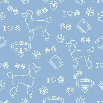 Seamless pattern with poodle silhouette, comb, collar, dog tracks and hearts. Stock Illustration