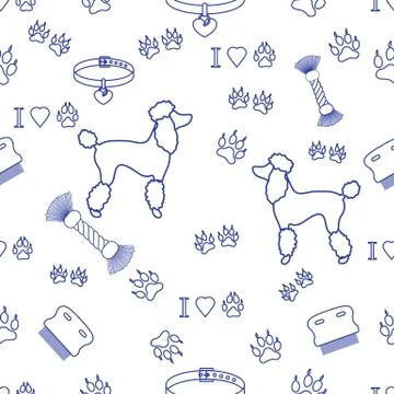 Seamless pattern with poodle silhouette, comb, collar, dog tracks, hearts and Stock Illustration