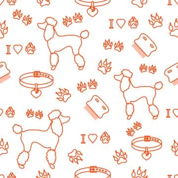 Seamless pattern with poodle silhouette, comb, collar, dog tracks and hearts. Stock Illustration