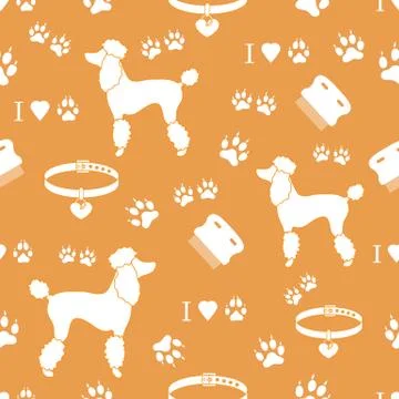 Seamless pattern with poodle silhouette, comb, collar, dog tracks and hearts. Stock Illustration