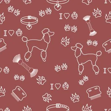 Seamless pattern with poodle silhouette, comb, collar, dog tracks, hearts and Stock Illustration