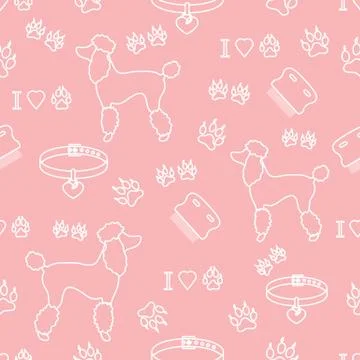Seamless pattern with poodle silhouette, comb, collar, dog tracks and hearts. Stock Illustration