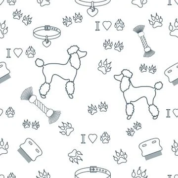 Seamless pattern with poodle silhouette, comb, collar, dog tracks, hearts and Stock Illustration