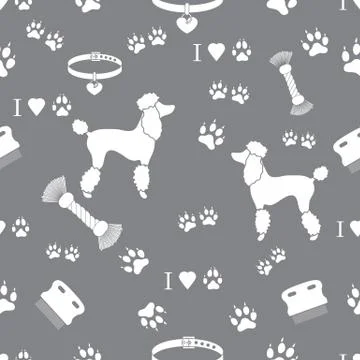 Seamless pattern with poodle silhouette, comb, collar, dog tracks, hearts and Stock Illustration