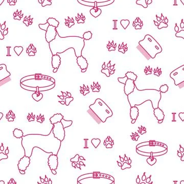 Seamless pattern with poodle silhouette, comb, collar, dog tracks and hearts. Stock Illustration