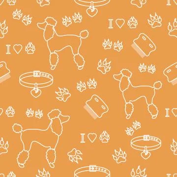 Seamless pattern with poodle silhouette, comb, collar, dog tracks and hearts. Stock Illustration