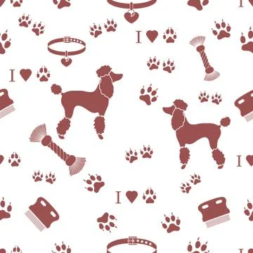 Seamless pattern with poodle silhouette, comb, collar, dog tracks, hearts and Stock Illustration