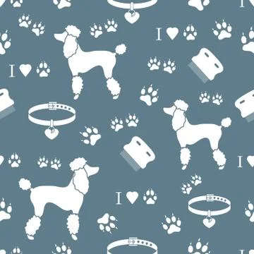 Seamless pattern with poodle silhouette, comb, collar, dog tracks and hearts. Stock Illustration