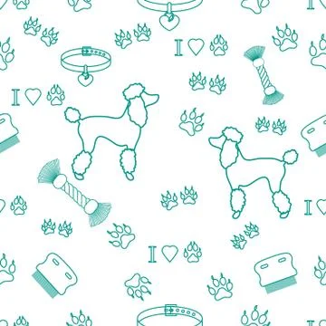 Seamless pattern with poodle silhouette, comb, collar, dog tracks, hearts and Stock Illustration