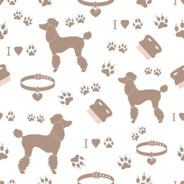 Seamless pattern with poodle silhouette, comb, collar, dog tracks and hearts. Stock Illustration