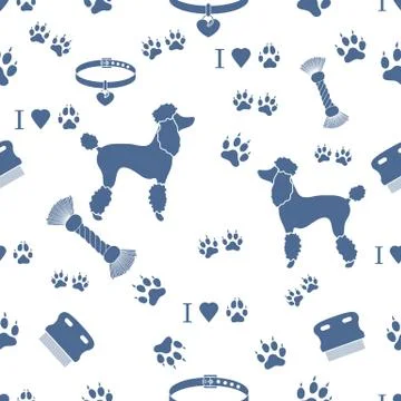 Seamless pattern with poodle silhouette, comb, collar, dog tracks, hearts and Stock Illustration