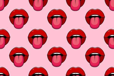 Seamless pattern. Pop art, red lips. Half-open mouth, protruding tongue. Vector Illustrazione stock