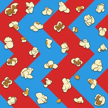 Seamless pattern with popcorn on a blue and red background. Stock Illustration