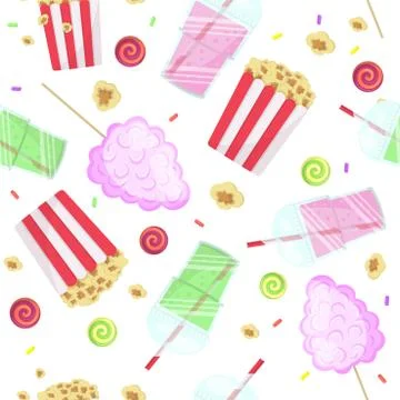 Seamless pattern with popcorn, smoothie and cotton candy. Park food street food Stock Illustration