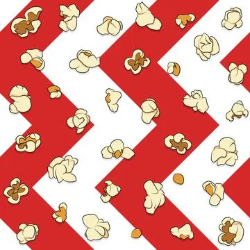 Seamless pattern with popcorn on a white and red background. Stock Illustration