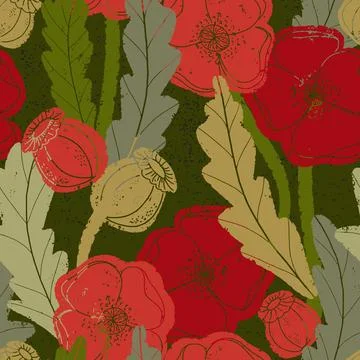 Seamless pattern with poppies and botanical motifs in a linocut style, vintag Stock Illustration