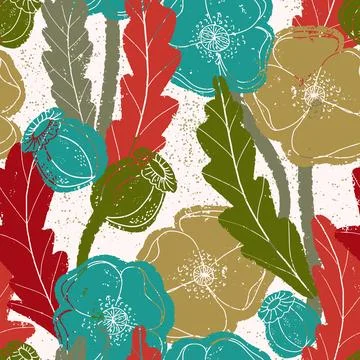 Seamless pattern with poppies and botanical motifs in a linocut style, vintag Stock Illustration