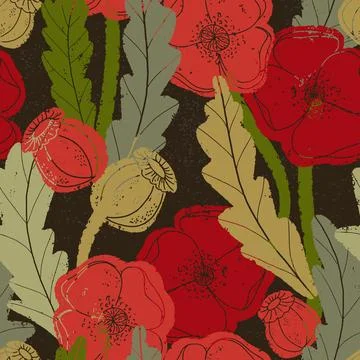 Seamless pattern with poppies and botanical motifs in a linocut style, vintag Stock Illustration
