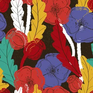 Seamless pattern with poppies and botanical motifs in a linocut style, vintag Stock Illustration