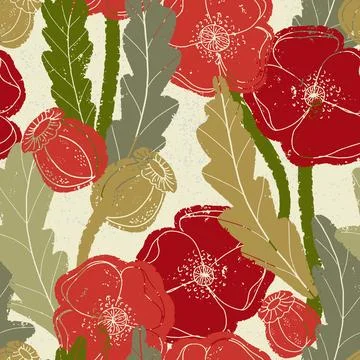 Seamless pattern with poppies and botanical motifs in a linocut style, vintag Stock Illustration