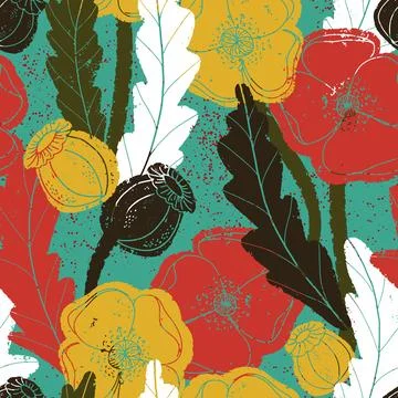 Seamless pattern with poppies and botanical motifs in a linocut style, vintag 스톡 일러스트